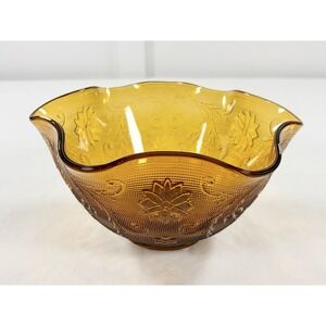 Vintage Tiara Indiana Glass Amber Sandwich Daisy Crimped Ruffled Serving Bowl 10